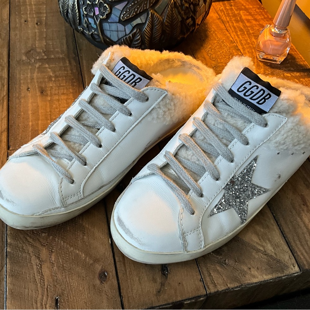 Golden Goose Woman’s White Sneakers Shearling Glitter Star NIB shearling inserts